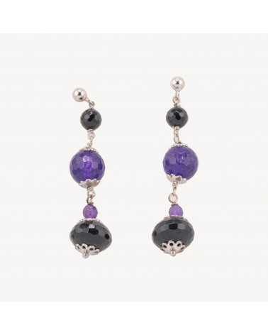 Orecchini A Perno Di Argento 925 Con Onice E Giada Viola Sfaccettata 12x50mm-ARGENT 925 DESIGN ITALIE | Worldofjewel.com