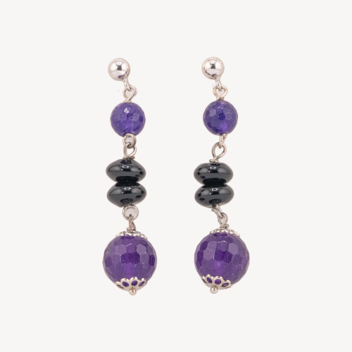 Boucles d'oreilles puces en argent 925 avec sphère facettée en onyx et jade violet 12x52mm