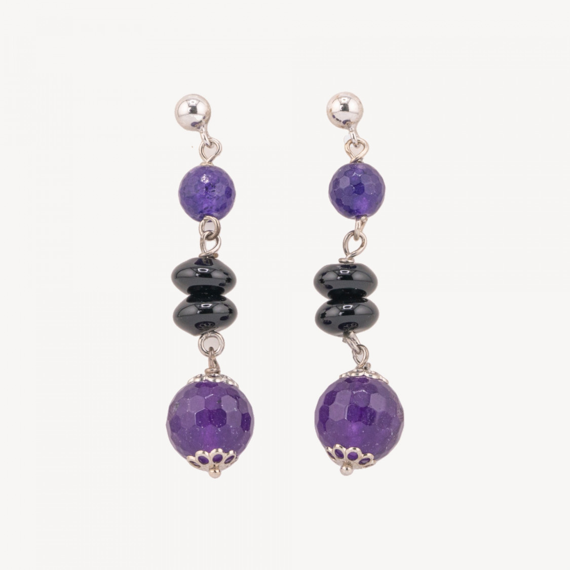 925 Silver Stud Earrings with Onyx and Purple Jade Faceted Sphere 12x52mm-SILVER 925 DESIGN ITALY | Worldofjewel.com