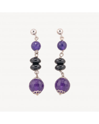 Orecchini A Perno Di Argento 925 Con Onice E Giada Viola Sfera Sfaccettata 12x52mm-SILBER 925 DESIGN ITALIEN | Worldofjewel.com