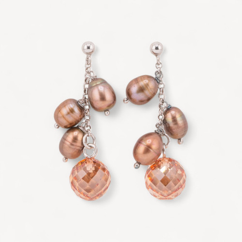 Pendientes de plata 925 con perlas de río y bolas de circonita facetadas color champán de 12 x 43 mm.
