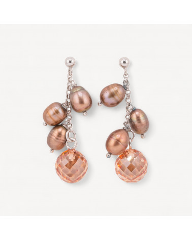 Orecchini A Perno Di Argento 925 Con Perle Di Fiume E Sfere Di Zirconi Champagne Sfaccettati 12x43mm-PLATA 925 DISEÑO ITALIA | Worldofjewel.com