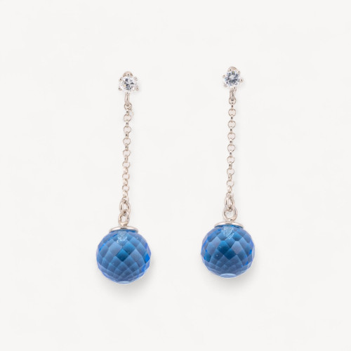 925 Silver Stud Earrings with Light Point and Chain with Indigo Sphere Zirconia 11x40mm
