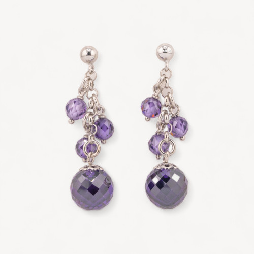 925 Silver Stud Earrings with Light Point and Purple Faceted Zircon Balls and 12x46mm Chain