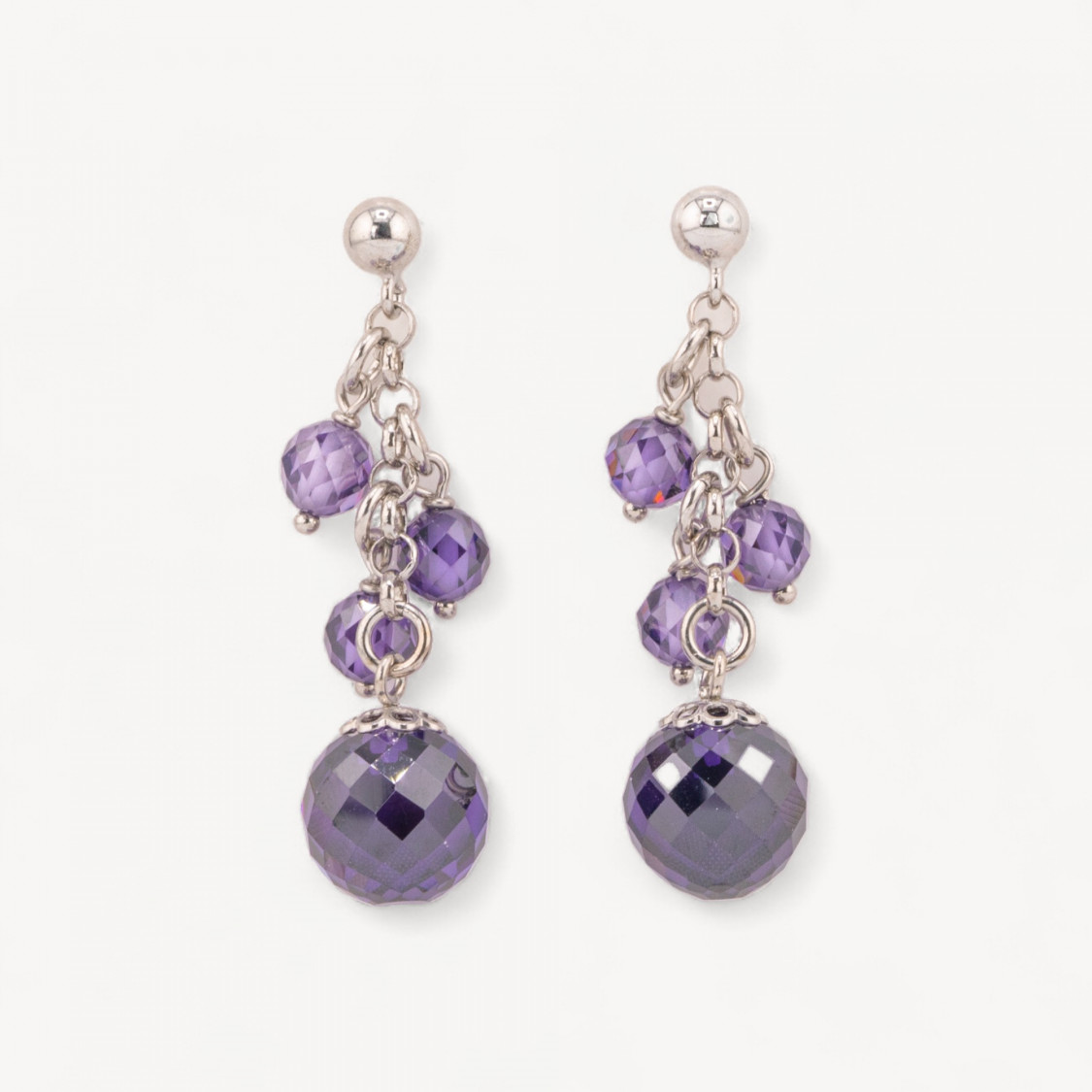 Pendientes de botón de plata 925 con punto de luz y bolitas de circonita facetada morada y cadena de 12 x 46 mm-PLATA 925 DISEÑO ITALIA | Worldofjewel.com