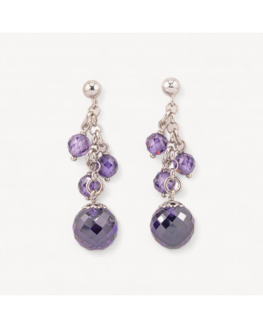 Orecchini A Perno Di Argento 925 Con Punto Luce E Sfere Di Zirconi Sfaccettati Viola E Catena 12x46mm-SILVER 925 DESIGN ITALY | Worldofjewel.com