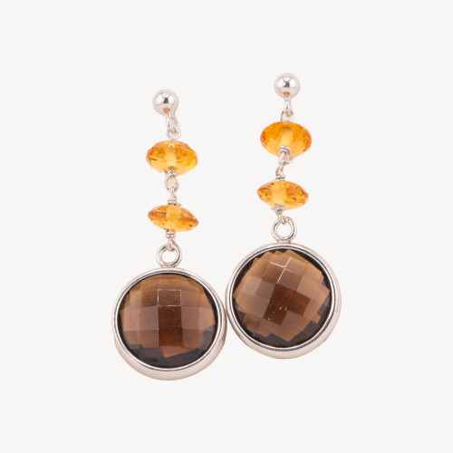 Boucles d'oreilles puces en argent 925 avec rondelles de quartz fumé et de topaze jaune diffusées thermiquement, 18 x 45 mm