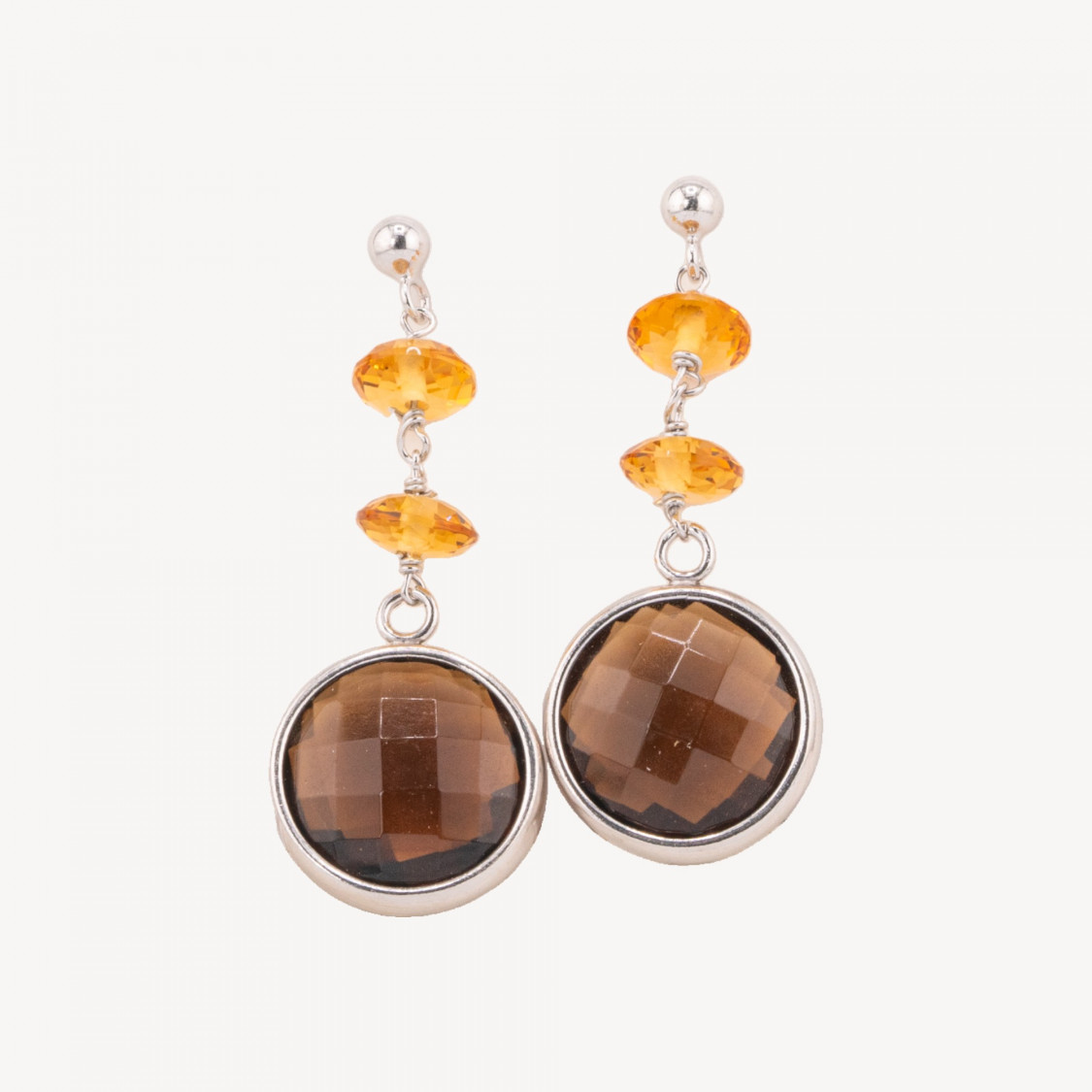 Orecchini A Perno Di Argento 925 Con Quarzo Fume' Incastonato E Rondelle Di Topazio Giallo Termodiffuso 18x45mm-SILVER 925 DESIGN ITALY | Worldofjewel.com