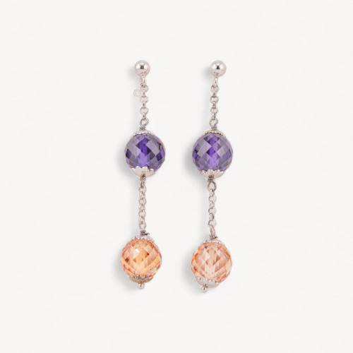 Pendientes de plata 925 con bolitas de circonita facetadas y cadena Rolo de 10 x 58 mm