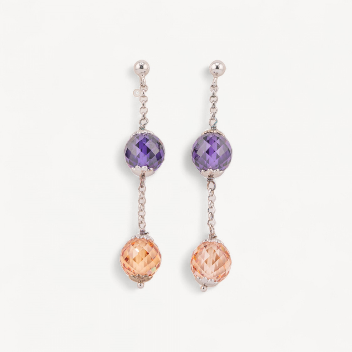 925 Silver Stud Earrings with Faceted Zircon Balls and 10x58mm Rolo Chain-SILVER 925 DESIGN ITALY | Worldofjewel.com