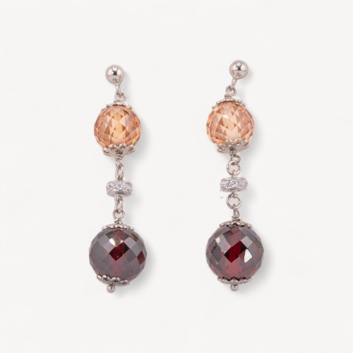 Boucles d'oreilles puces en argent 925 avec boule en zircone et éléments en argent 925 rhodié, 12 x 48 mm