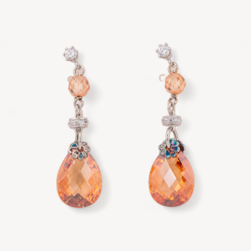 925 Silver Stud Earrings with Zirconia Ball and Flat Drop with Rhodium-Plated 925 Silver Elements 13x45mm