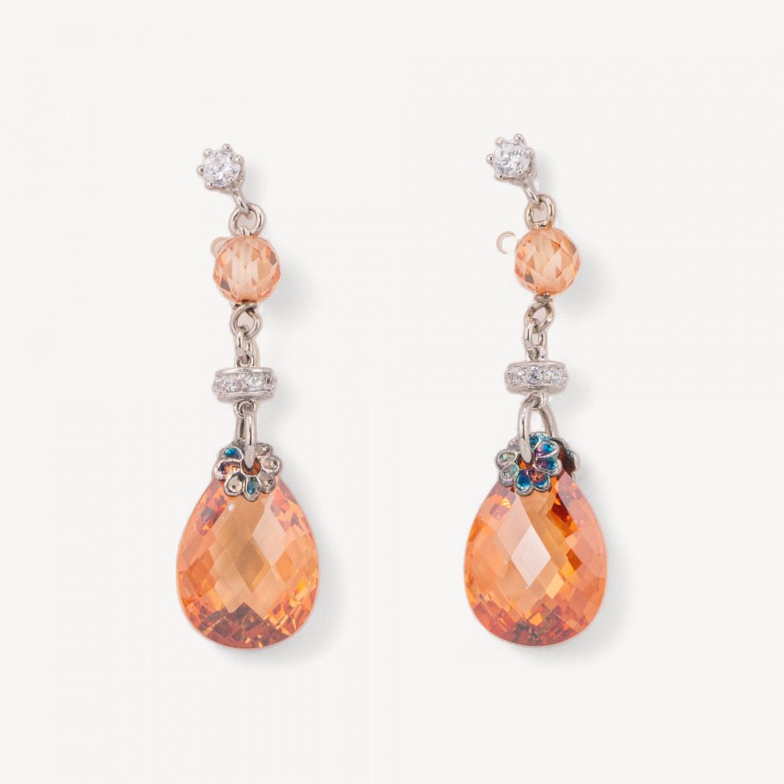 Orecchini A Perno Di Argento 925 Con Zirconi A Sfera E Goccia Piatta Con Elementi in Argento 925 Rodiato 13x45mm-PLATA 925 DISEÑO ITALIA | Worldofjewel.com