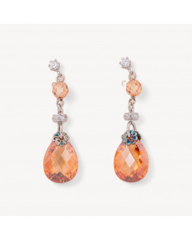 Orecchini A Perno Di Argento 925 Con Zirconi A Sfera E Goccia Piatta Con Elementi in Argento 925 Rodiato 13x45mm-PLATA 925 DISEÑO ITALIA | Worldofjewel.com