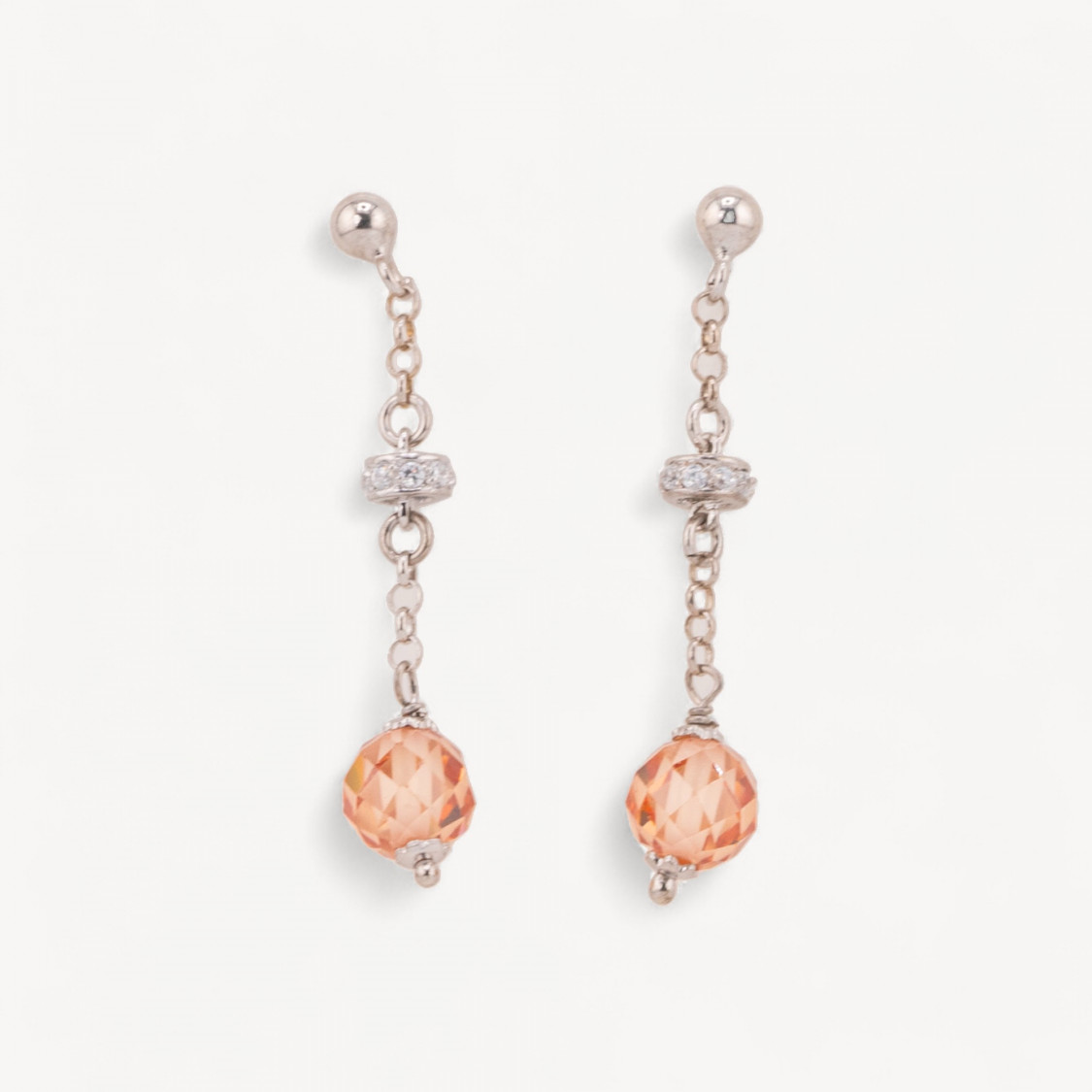 Orecchini A Perno Di Argento 925 Con Zirconi A Sfera Sfaccettata 8mm Arancio E Rondelle Zirconate 8x45mm-PLATA 925 DISEÑO ITALIA | Worldofjewel.com
