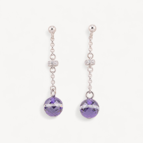 925 Silver Stud Earrings with Faceted Ball Zirconia and Zircon Rondelles 10x45mm Purple