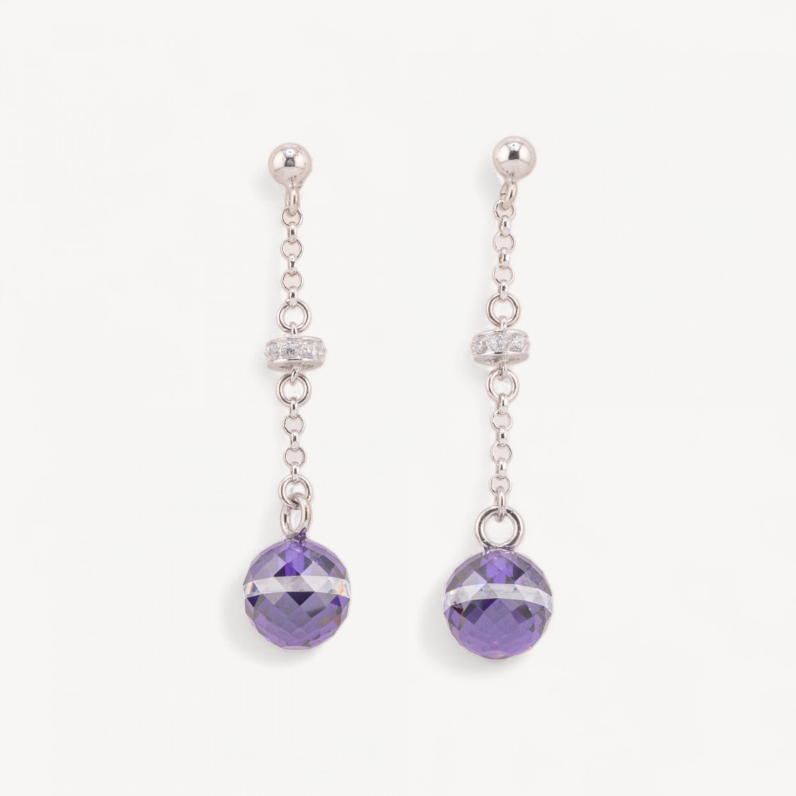 Orecchini A Perno Di Argento 925 Con Zirconi A Sfera Sfaccettata E Rondelle Zirconate 10x45mm Viola-SILVER 925 DESIGN ITALY | Worldofjewel.com