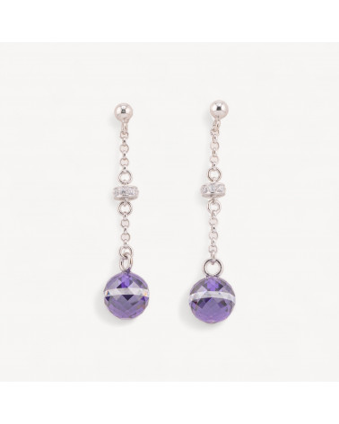 Orecchini A Perno Di Argento 925 Con Zirconi A Sfera Sfaccettata E Rondelle Zirconate 10x45mm Viola-SILVER 925 DESIGN ITALY | Worldofjewel.com