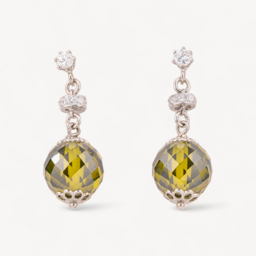 925 Silver Stud Earrings with Faceted Ball Zirconia and Peridot Zircon Rondelles 12x33mm