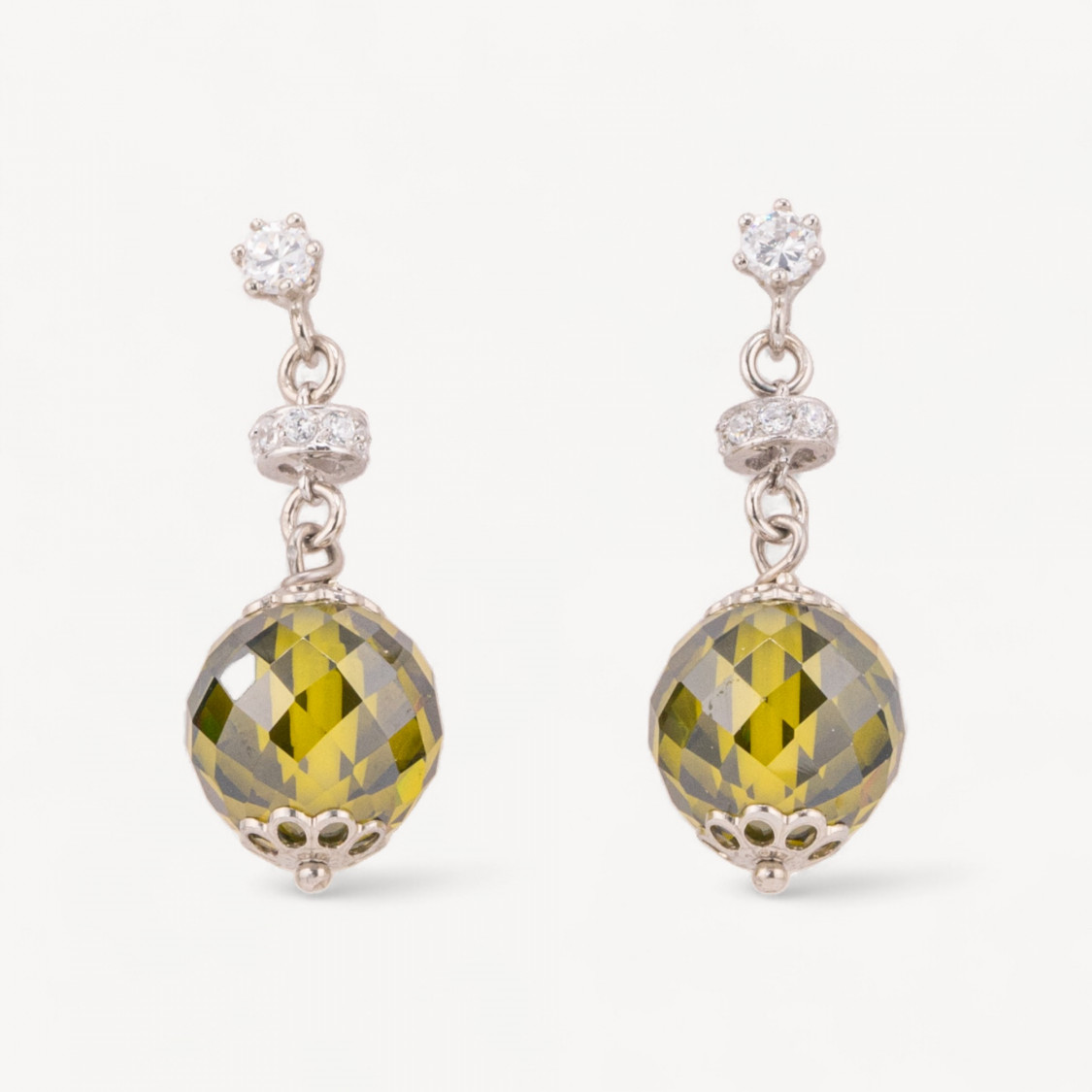 Orecchini A Perno Di Argento 925 Con Zirconi A Sfera Sfaccettata E Rondelle Zirconate Peridot 12x33mm-SILVER 925 DESIGN ITALY | Worldofjewel.com