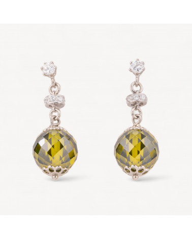 Orecchini A Perno Di Argento 925 Con Zirconi A Sfera Sfaccettata E Rondelle Zirconate Peridot 12x33mm-SILVER 925 DESIGN ITALY | Worldofjewel.com