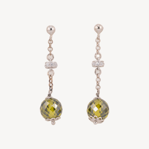 Boucles d'oreilles puces en argent 925 avec zirconiums sphériques facettés et rondelles de zircon vert péridot 12x45mm