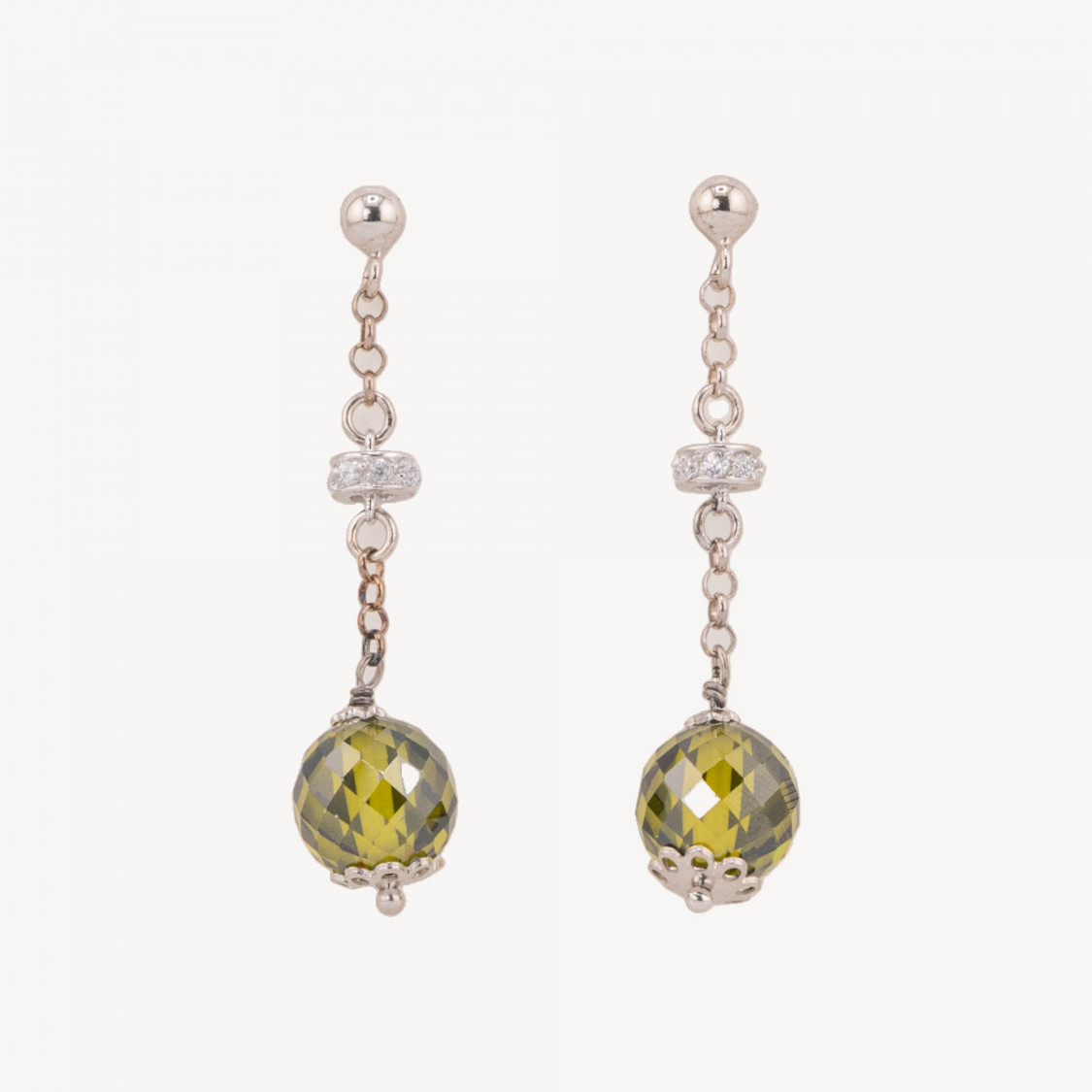 Orecchini A Perno Di Argento 925 Con Zirconi A Sfera Sfaccettata E Rondelle Zirconate Verde Peridot 12x45mm-ΑΣΗΜΙ 925 ΣΧΕΔΙΟ ΙΤΑΛΙΑ | Worldofjewel.com