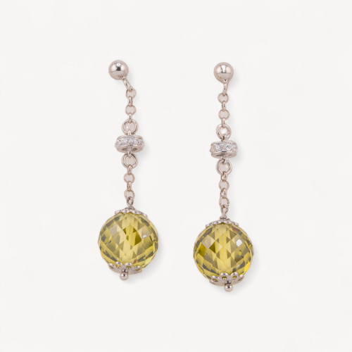 925 Sterling Silver Stud Earrings with Faceted Ball Zirconia and Clear Peridot Green Zircon Rondelles 12x45mm