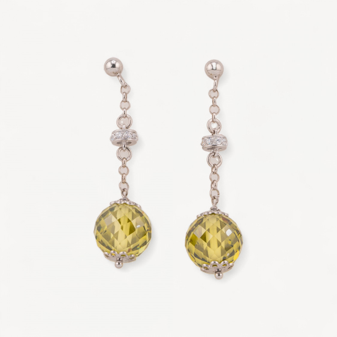 Orecchini A Perno Di Argento 925 Con Zirconi A Sfera Sfaccettata E Rondelle Zirconate Verde Peridot Chiaro 12x45mm-ΑΣΗΜΙ 925 ΣΧΕΔΙΟ ΙΤΑΛΙΑ | Worldofjewel.com