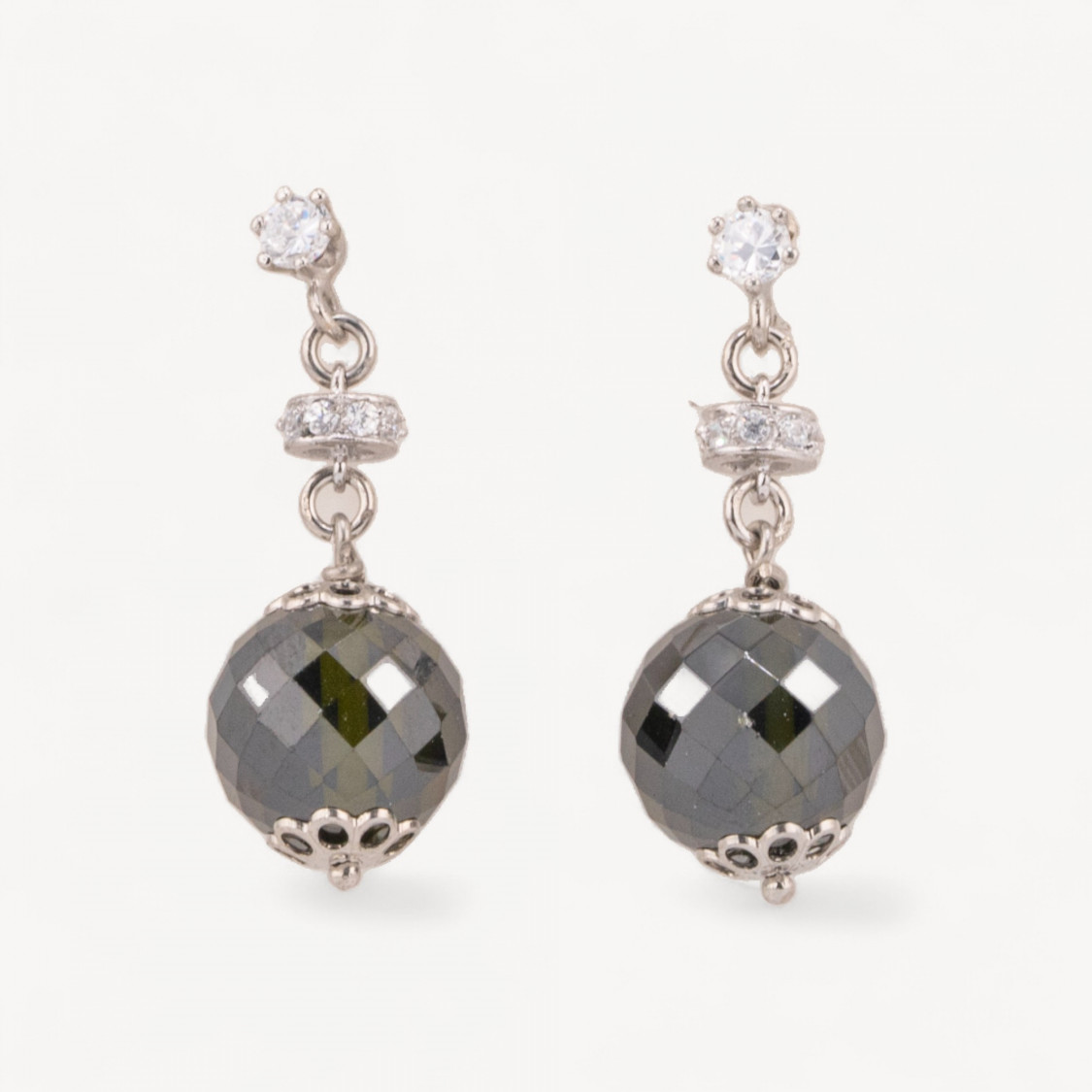 Orecchini A Perno Di Argento 925 Con Zirconi A Sfera Sfaccettata E Rondelle Zirconate Verde Scuro 12x33mm-ARGENT 925 DESIGN ITALIE | Worldofjewel.com