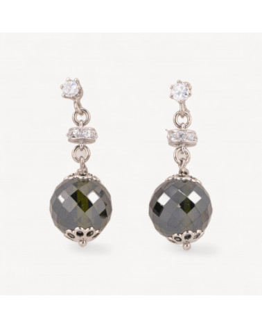 Orecchini A Perno Di Argento 925 Con Zirconi A Sfera Sfaccettata E Rondelle Zirconate Verde Scuro 12x33mm-ARGENT 925 DESIGN ITALIE | Worldofjewel.com