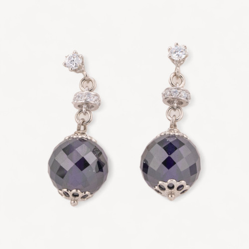 925 Silver Stud Earrings with Faceted Ball Zirconia and Dark Purple Zircon Rondelles 12x33mm