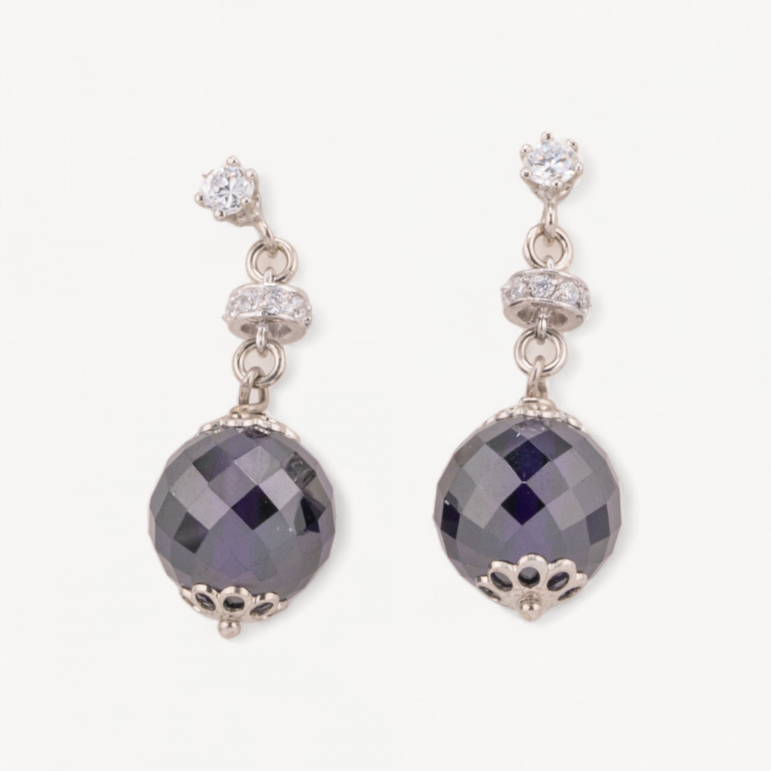 925 Silver Stud Earrings with Faceted Ball Zirconia and Dark Purple Zircon Rondelles 12x33mm-SILVER 925 DESIGN ITALY | Worldofjewel.com