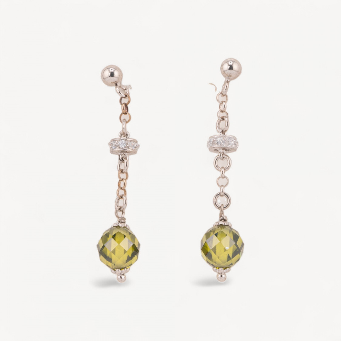 Orecchini A Perno Di Argento 925 Con Zirconi A Sfera Sfaccettata Peridot E Rondelle Zirconate 8x40mm-PLATA 925 DISEÑO ITALIA | Worldofjewel.com