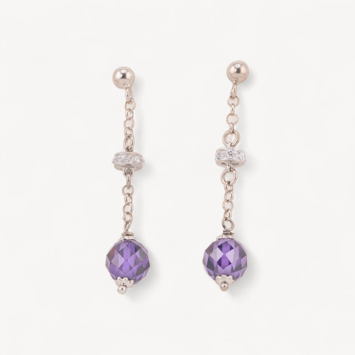 Boucles d'oreilles puces en argent 925 avec zirconiums violets à facettes et rondelles de zircon de 8 x 40 mm