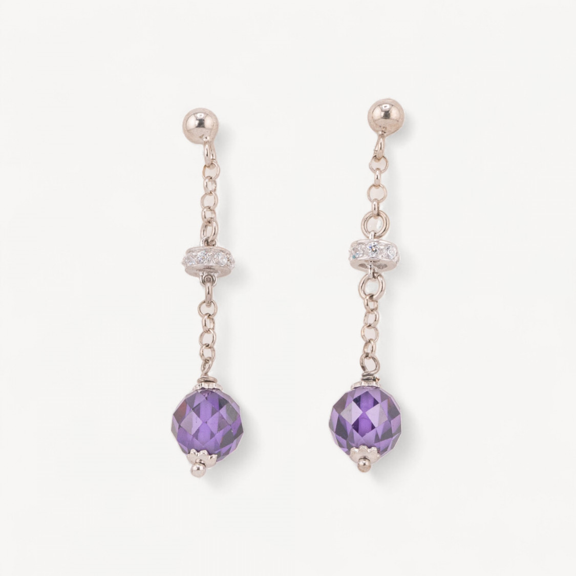 Orecchini A Perno Di Argento 925 Con Zirconi A Sfera Sfaccettata Viola E Rondelle Zirconate 8x40mm-ARGENT 925 DESIGN ITALIE | Worldofjewel.com