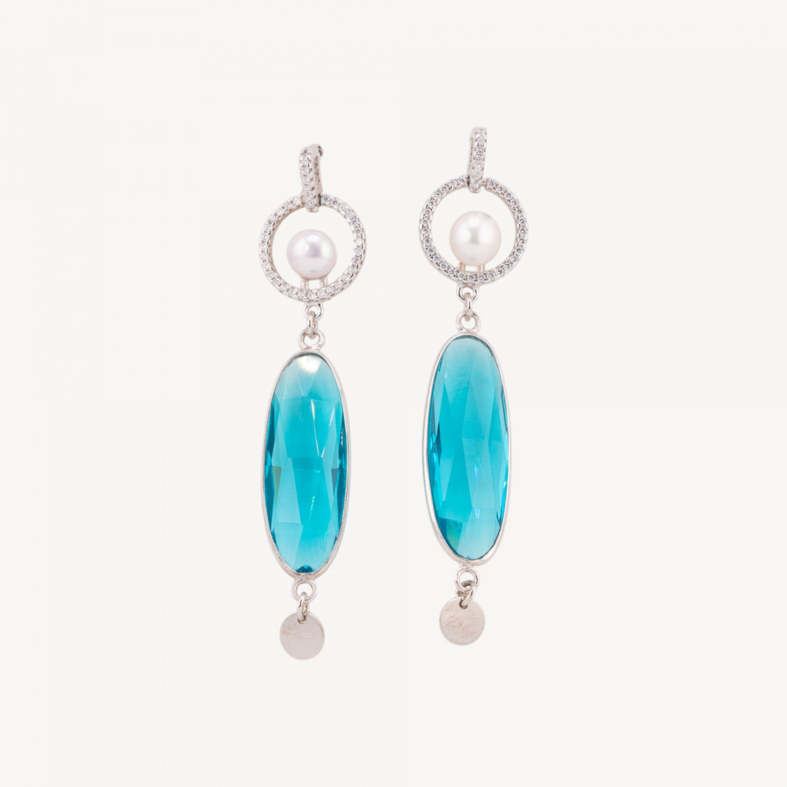 Boucles d'oreilles puces en argent 925, zircon cubique et perle, avec pendentif ovale en zircon cubique de 14 x 62 mm, plaquées -ARGENT 925 DESIGN ITALIE | Worldofjewel.com