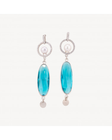 Orecchini A Perno Di Argento 925 Con Zirconi E Perla Con Pendente Ovale Di Cubic Zirconia 14x62mm MOD2 Rodiato-SILVER 925 DESIGN ITALY | Worldofjewel.com