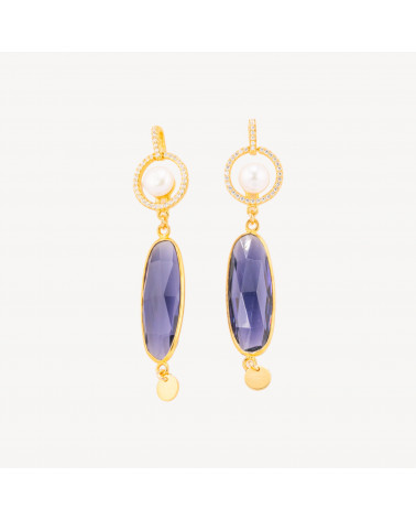 Orecchini A Perno Di Argento 925 Con Zirconi E Perla Con Pendente Ovale Di Cubic Zirconia 14x62mm MOD3 Dorato-SILBER 925 DESIGN ITALIEN | Worldofjewel.com