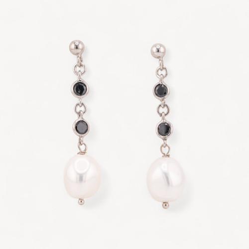 925 Silver Stud Earrings with Black Zirconia and Irregular Mallorca Pearls 10x43mm