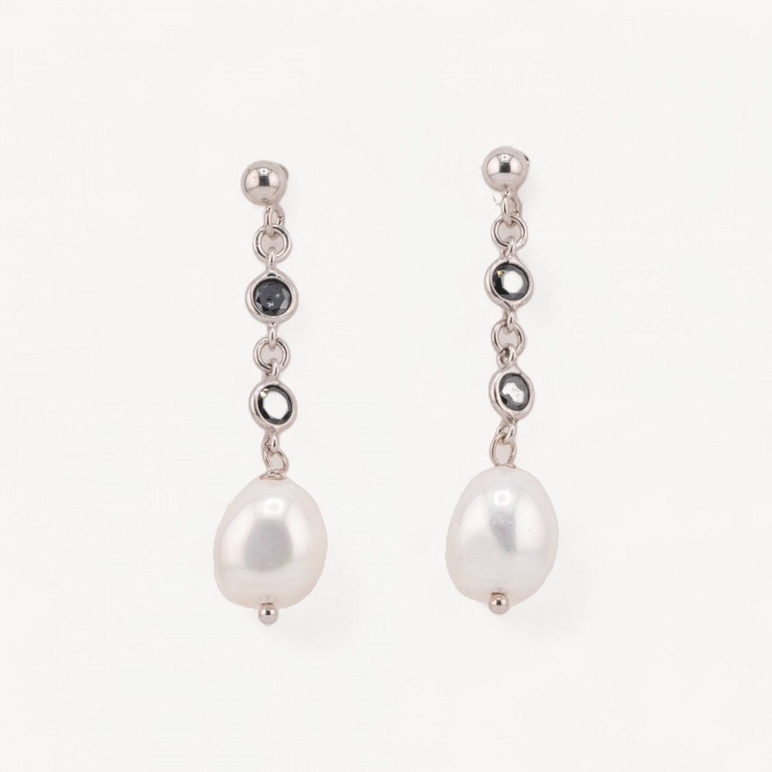 Orecchini A Perno Di Argento 925 Con Zirconi Neri E Perle Di Maiorca Irregolare 10x43mm-SILBER 925 DESIGN ITALIEN | Worldofjewel.com