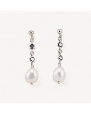 Orecchini A Perno Di Argento 925 Con Zirconi Neri E Perle Di Maiorca Irregolare 10x43mm-SILBER 925 DESIGN ITALIEN | Worldofjewel.com