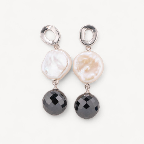 Pendientes de plata 925 con perlas de río Coin y esfera de circonita de 16 x 44 mm