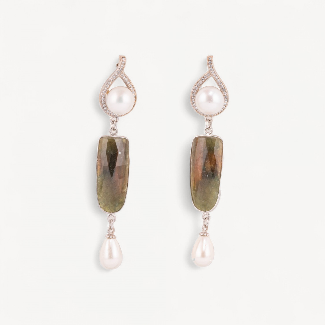 925 Silver and Zoisite Stud Earrings with River Pearls-SILVER 925 DESIGN ITALY | Worldofjewel.com