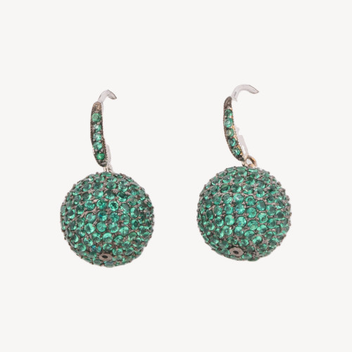 925 Silver Oval Stud Earrings with Green Zircon Ball 12x30mm