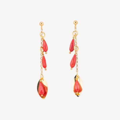 Boucles d'oreilles puces en argent 925 plaqué or avec corail bambou rouge 10x65mm
