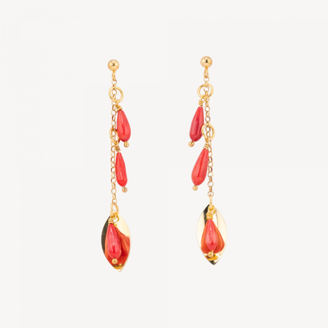 Orecchini A Perno Di Argento 925 Placcato Oro Con Corallo Bamboo Rosso 10x65mm-SILBER 925 DESIGN ITALIEN | Worldofjewel.com