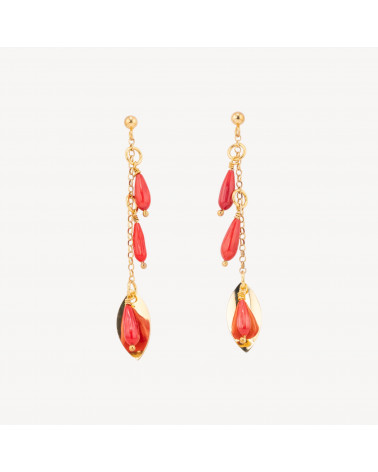 Orecchini A Perno Di Argento 925 Placcato Oro Con Corallo Bamboo Rosso 10x65mm-SILBER 925 DESIGN ITALIEN | Worldofjewel.com