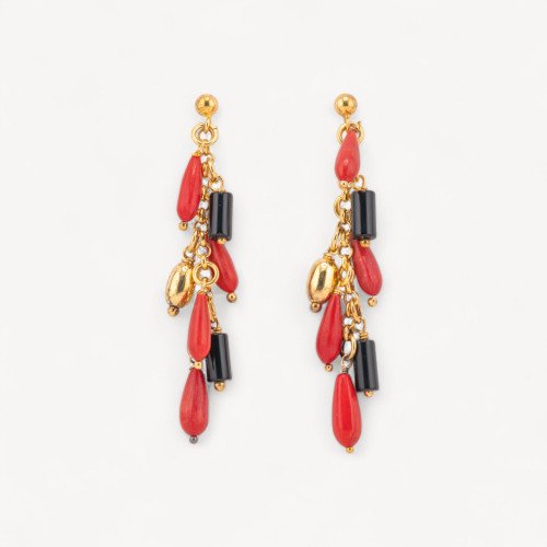 925 Silver Gold Plated Stud Earrings with Red Bamboo Coral and Onyx 12x60mm