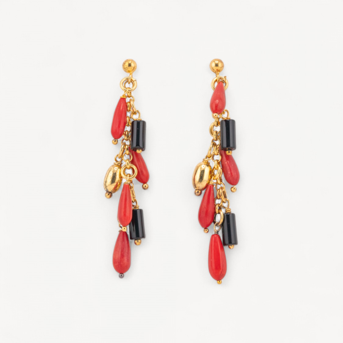Orecchini A Perno Di Argento 925 Placcato Oro Con Corallo Bamboo Rosso E Onice 12x60mm-SILBER 925 DESIGN ITALIEN | Worldofjewel.com
